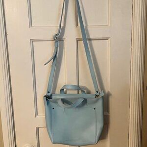 PORTLAND LEATHER GOODS MINI ZIPPERED CROSSBODY TOTE, LT. BLUE; NEEDS SOME TLC